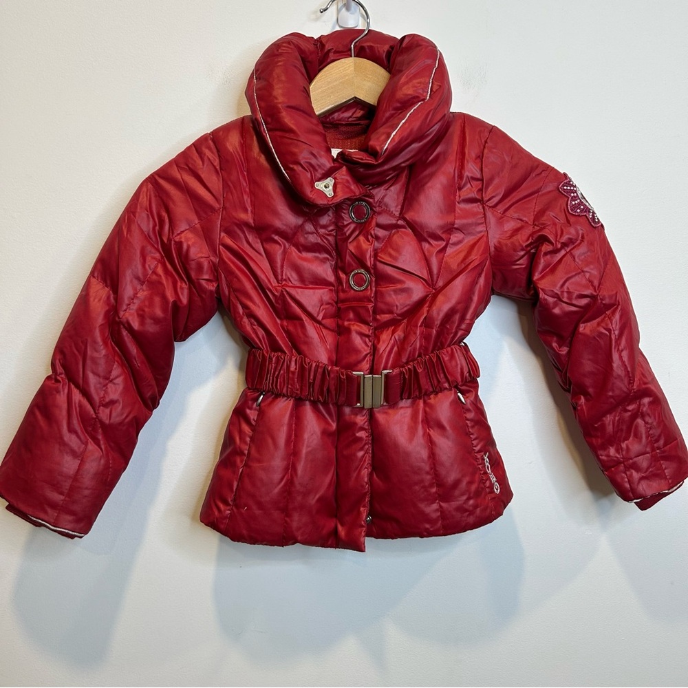 Geox Respira Girl’s Down Belted Puffer Jacket with Hood Red